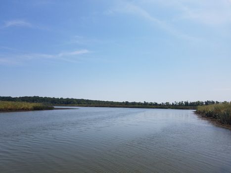 river or stream or lake water and blue sky and grass