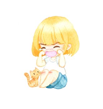 A Caucasian girl in casual is crying on the floor next to the orange tabby cat. She was injured in the knee. Watercolor cartoon style illustration on a white background.