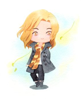 cute bronze hair boy in winter coat and scarf. watercolor hand painting illustration on white background. Design for winter, Christmas, New year.