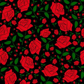 Seamless floral pattern of red roses on a black background