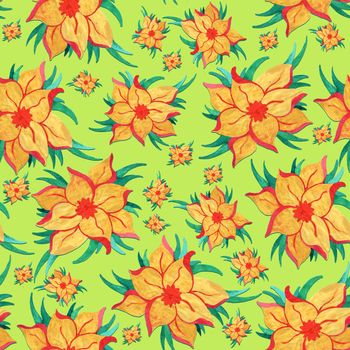Seamless abstract color pattern with watercolor flowers, green, background