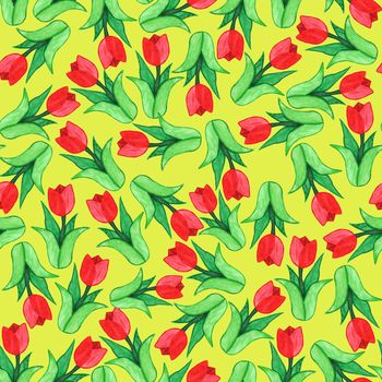 Seamless floral watercolor pattern of red tulips