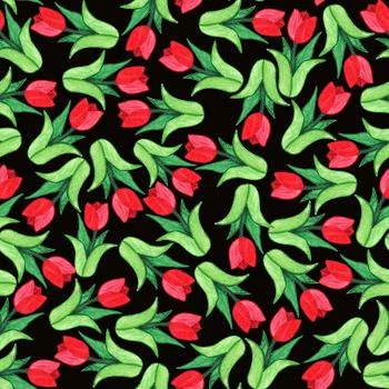 Seamless floral watercolor pattern of red tulips, black background