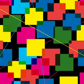Colorful abstract pattern of multi-colored overlapping squares, black background