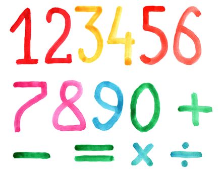 set of colored digits and math symbols for your design and style watercolor