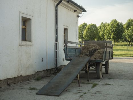 old truck with straw standing in front on barn, vintage look, faded colors, summer