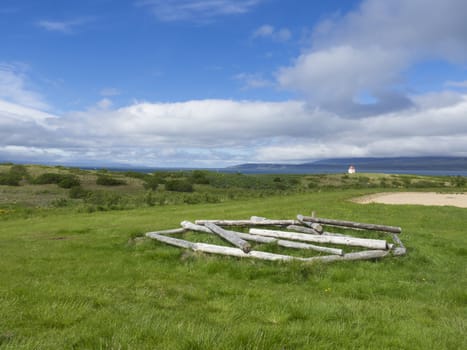 Iceland summer landscape with lush green grass meadow, wooden logs, sea horizon small house and blue sky white clouds background
