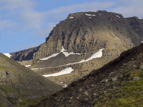 Landscape with snow capped mountains in west fjords Iceland, blue sky, bokeh