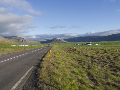 Asphalt road line through rural north summer landscape with green grass. colorful steep cliffs, sheep and dramatic sky, Iceland western fjords, golden hour light