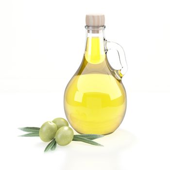 Oil bottle in the shape of a flask with a handle covered with a wooden cap. Green olives from the olive tree to the left of the container. Branches of green leaves. Reflections of light on the glass container. 3D Rendering