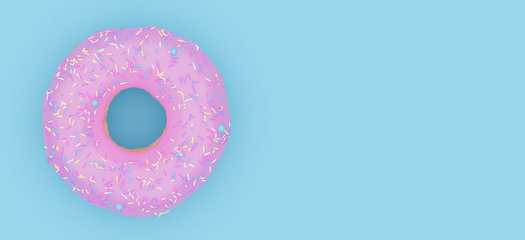 Flat lay tasty pink glazed donut with colorful sprinkles on blue pastel colors banner background with copy space.,3d model and illustration.