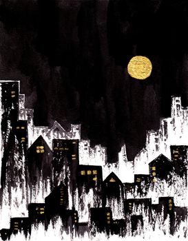 View of the city at night and the golden moon. Watercolor - ink painting. Suitable for use as a book illustration, Halloween cards.