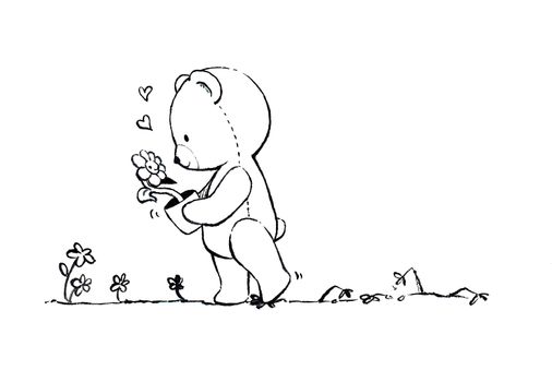 Cute teddy bear carried a flower pot, walking away, stepping on small flowers on the walkway. Line drawing cartoon style illustration on a white background.