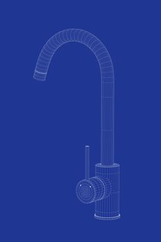 3d wire-frame model of kitchen faucet on blue background