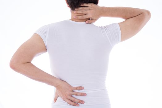 A man feeling exhausted and suffering from neck and back pain and injury on isolated white background. Health care and medical concept.
