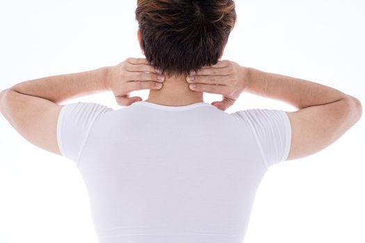 A man feeling exhausted and suffering from shoulder and neck pain and injury on isolated white background. Health care and medical concept.