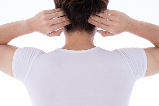 A man feeling exhausted and suffering from neck and head pain and injury on isolated white background. Health care and medical concept.