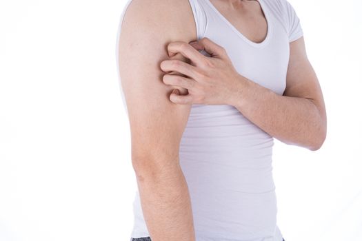 Male scratching his arm on isolated white background. Medical, healthcare for advertising concept.