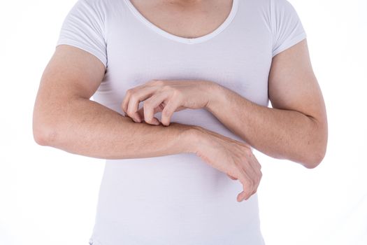 Male scratching his arm on isolated white background. Medical, healthcare for advertising concept.