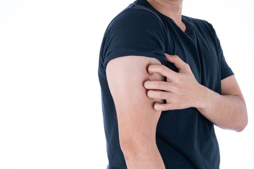 Male scratching his arm on isolated white background. Medical, healthcare for advertising concept.