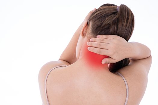 A woman feeling exhausted and suffering from neck and head pain and injury on isolated white background with red spot. Health care and medical concept.