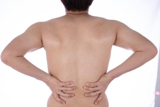 A man feeling exhausted and suffering from waist and back pain and injury on isolated white background. Health care and medical concept.