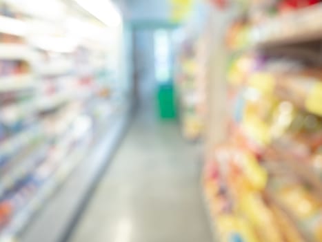 Abstract blurred shelf in minimart and supermarket background.