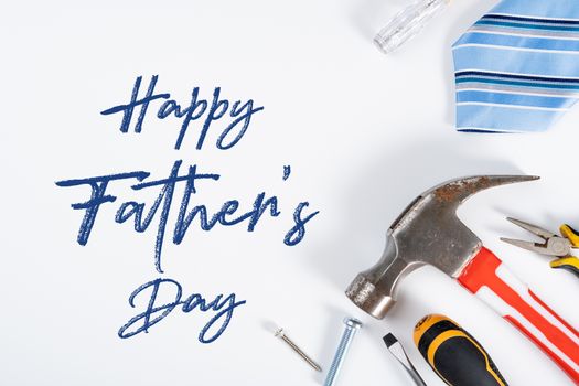 Happy Father Day background concept with tools and tie on white background with copy space for text.