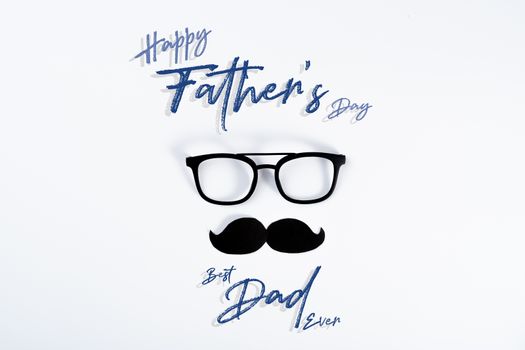 Happy Father Day background concept with glasses and black mustache on white background with copy space for text.
