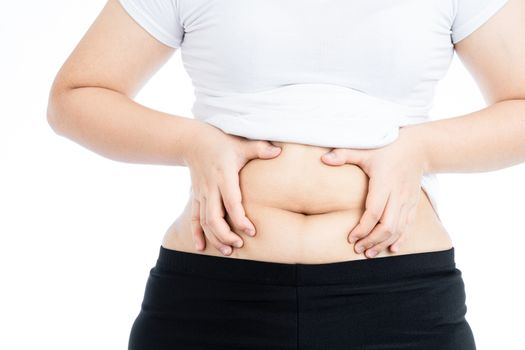 Fat woman holding excessive fat belly, overweight fatty belly isolated on over white background. Diet lifestyle, weight loss, stomach muscle, healthy concept.