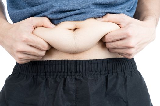 Fat man holding excessive fat belly, overweight fatty belly isolated on over white background. Diet lifestyle, weight loss, stomach muscle, healthy concept.