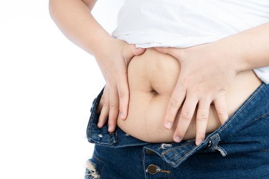 Fat woman holding excessive fat belly, overweight fatty belly isolated on over white background. Diet lifestyle, weight loss, stomach muscle, healthy concept.