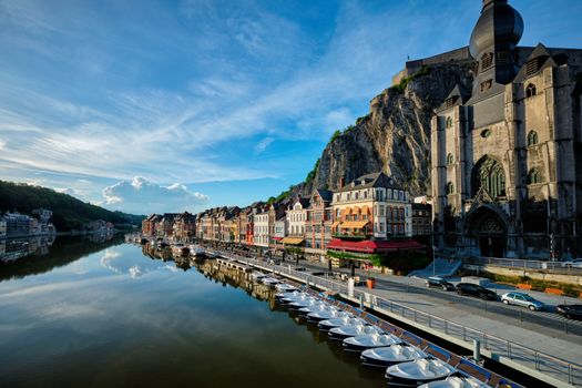 View of picturesque Dinant town, Dinant Citadel and Collegiate Church of Notre Dame de Dinant over the Meuse river. Belgian province of Namur, Blegium