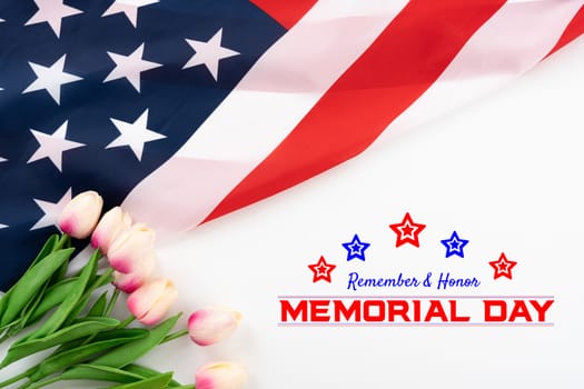 US American flag with tulip flower on white background. For USA Memorial day,  Memorial day. Top view with memorial day text.