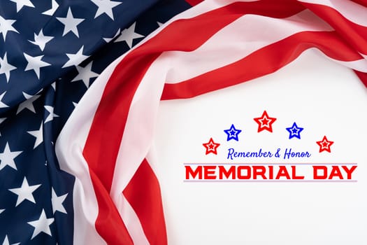 US American flag on white background. For USA Memorial day,  Memorial day. Top view with memorial day text.