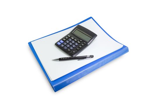 Blue file,  pen on white background isolated, concept Office equipment
