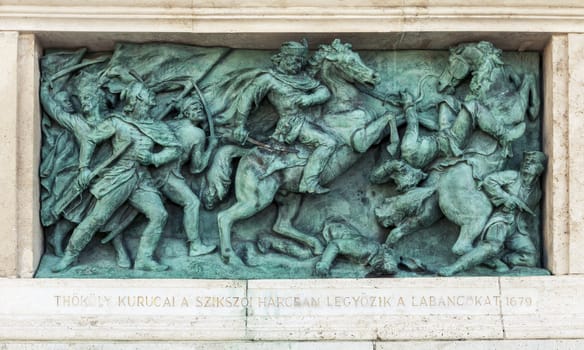 Budapest, HUNGARY - FEBRUARY 15, 2015 - Bronze bas-relief with scene from Hungarian history in Heroes square