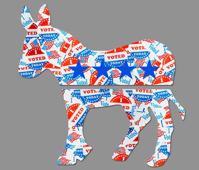 Many voting stickers given to US voters in Presidential election formed in the shape a donkey for Democrat party
