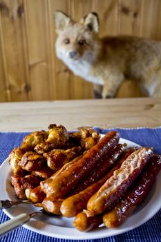 Hungry fox grabs the meat dish. Sausages and chicken wings.