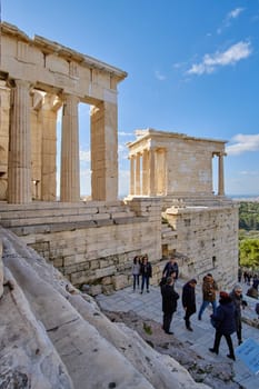 Athens, Greece - FEB 16, 2020 - Propylaea. The imposing entrance to the Acropolis.