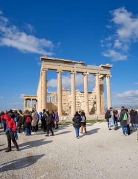 Athens, Greece - FEB 16, 2020 - Erecteion. Known temple in honor of Athena and Poseidon, whose portico has 6 caryatids