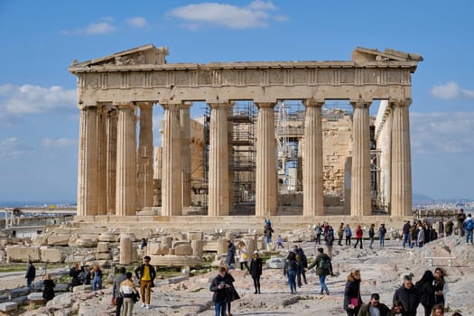 Athens, Greece - FEB 16, 2020 - Parthenon. Emblematic temple restored in an archaeological site with Doric columns built in 447 a. C.