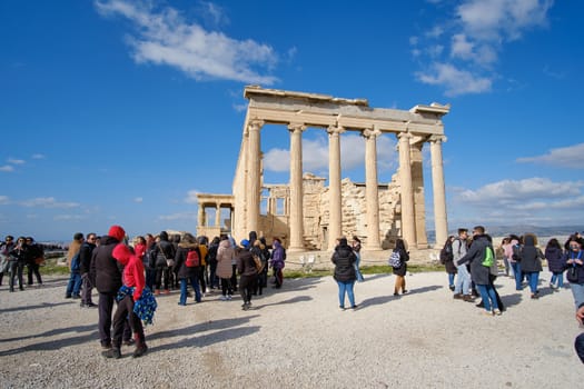 Athens, Greece - FEB 16, 2020 - Erecteion. Known temple in honor of Athena and Poseidon, whose portico has 6 caryatids