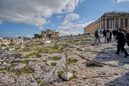 Athens, Greece - FEB 16, 2020 - Erecteion. Known temple in honor of Athena and Poseidon, whose portico has 6 caryatids