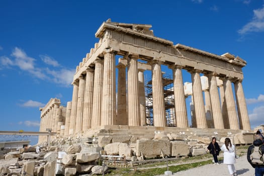 Athens, Greece - FEB 16, 2020 - Parthenon. Emblematic temple restored in an archaeological site with Doric columns built in 447 a. C.