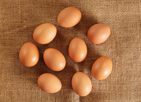 Nine beige coloured eggs on jute textile cloth, closeup view form above.