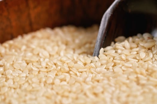 White sesame - Sesamum indicum - seeds in small wooden bowl with scoop - closeup macro detail.