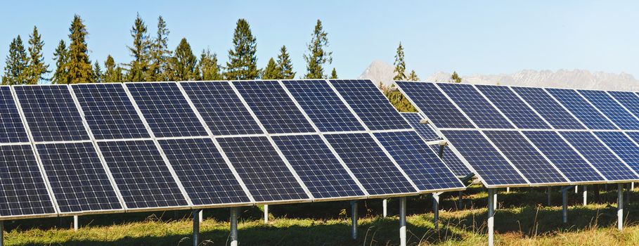 Solar panel collectors in forest, coniferous trees and mountains background, clear sky above, closeup detail.