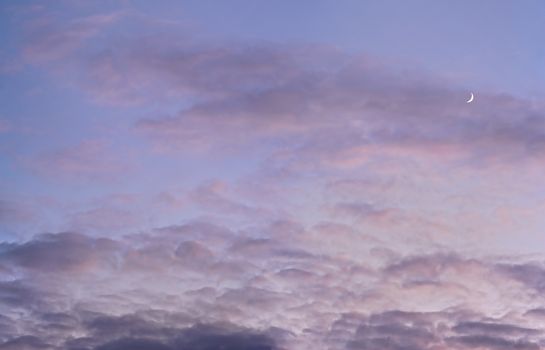 Evening purple sky with some barely visible clouds, moon crescent in right side - blue hour background.