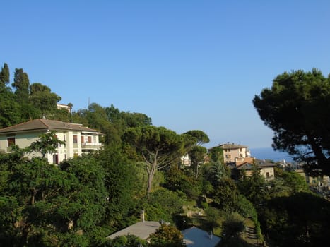 Genova, Italy - 07/12/2020: An amazing photography of the city of Genova from the hills in summer days, with a great blue sky in the background and some trees behind the buildings.